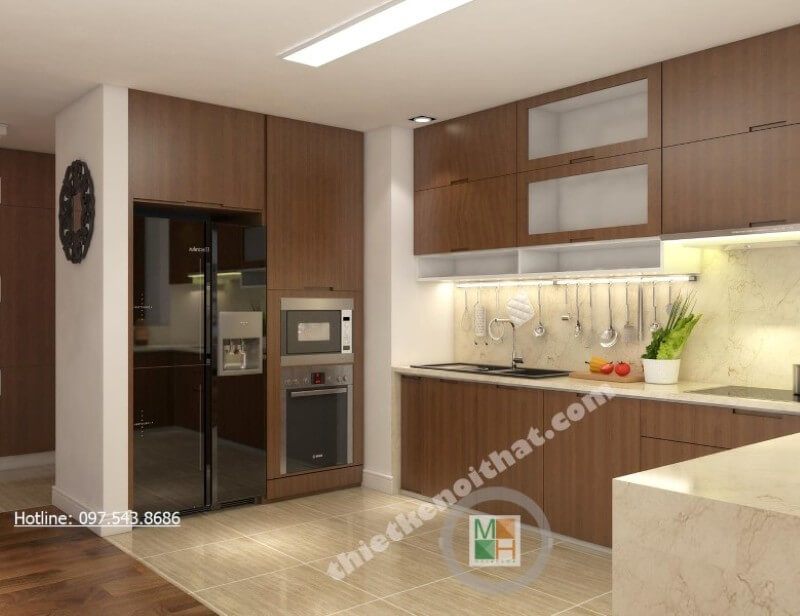 Sự kết hợp giữa đá ốp mặt bếp vân mây giúp tạo nên một không gian nhà bếp tinh tế, sạch sẽ hơn.