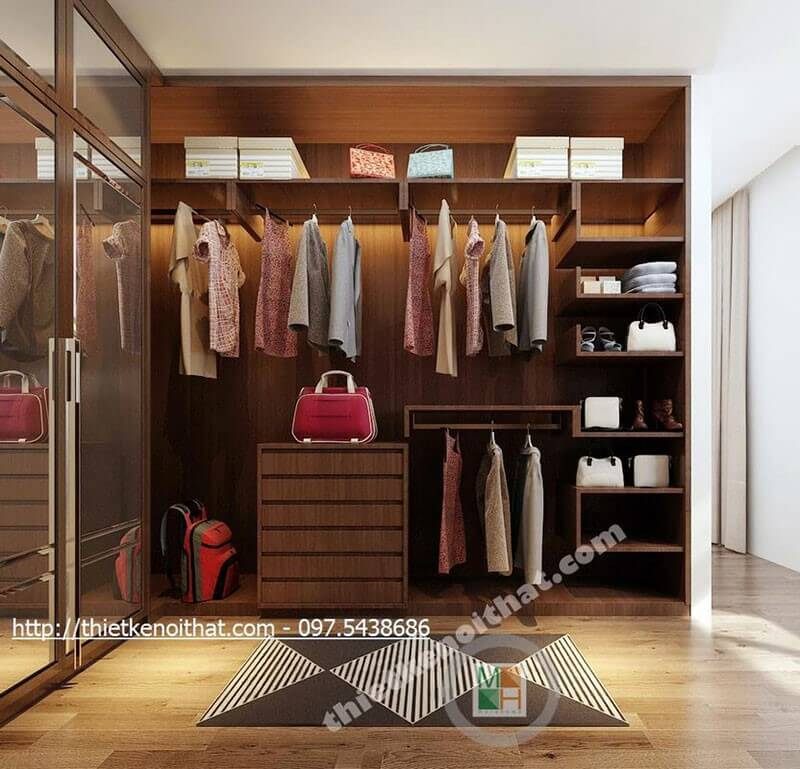Thiết kế phòng thay đồ đồ riêng với nội thất gỗ công nghiệp hiện đại, độc đáo