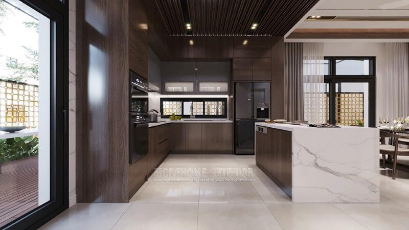 . Mẫu tủ bếp gỗ chữ L với thiết kế hiện đại, đa năng sẽ giúp tăng độ thẩm mỹ cho phòng bếp và làm cho không gian nướng trở nên hứng khởi hơn bằng cách ngăn nắp.